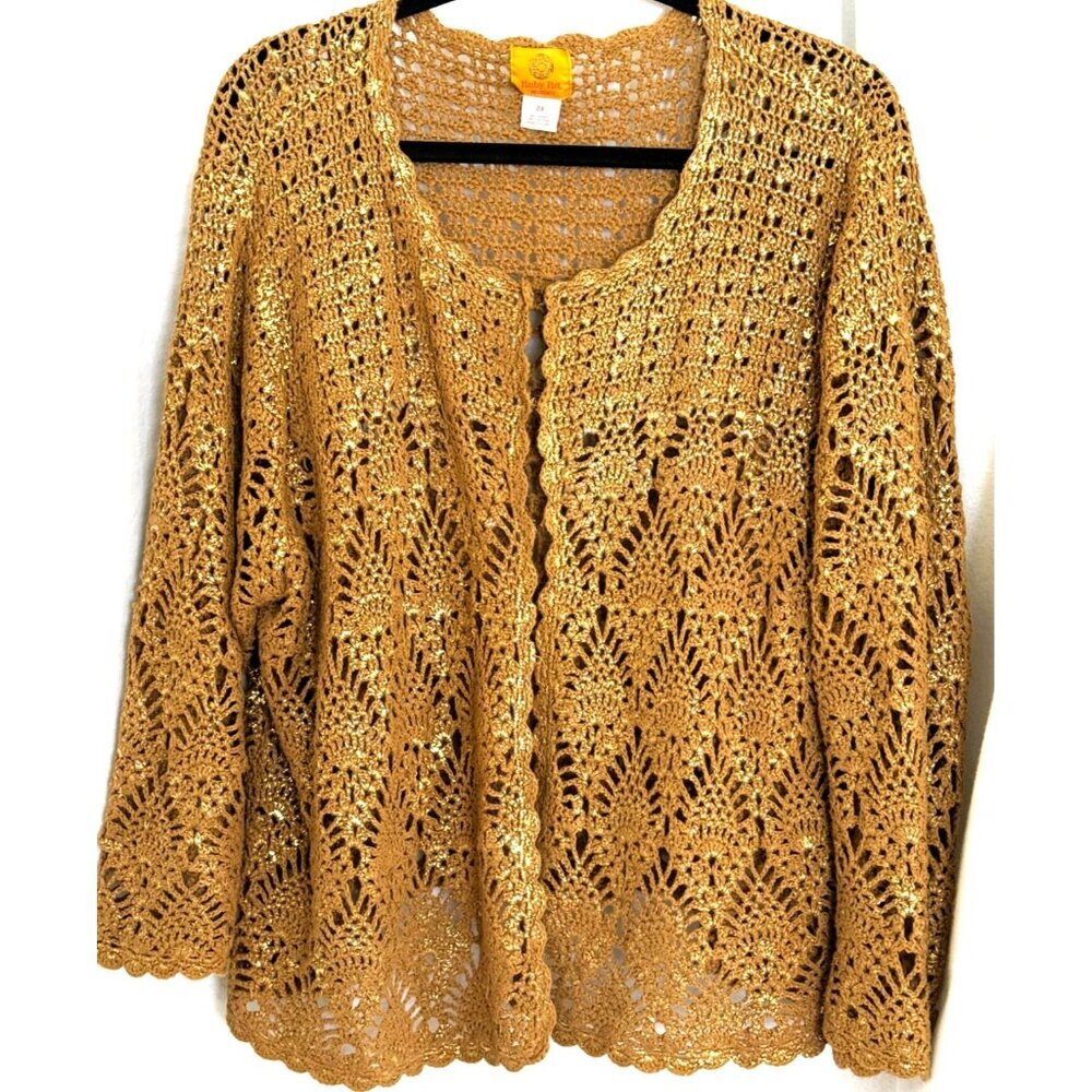 Camel Crocheted Open Knit Cardigan/Coverup, w/Gold Luminescent Sweater, Size 2X.